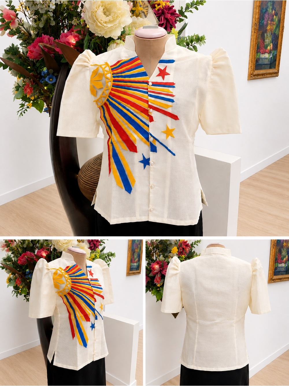 Filipiniana “Sinag” Cream Women's Button-Up Blouse Colorful Sunburst Appliqué